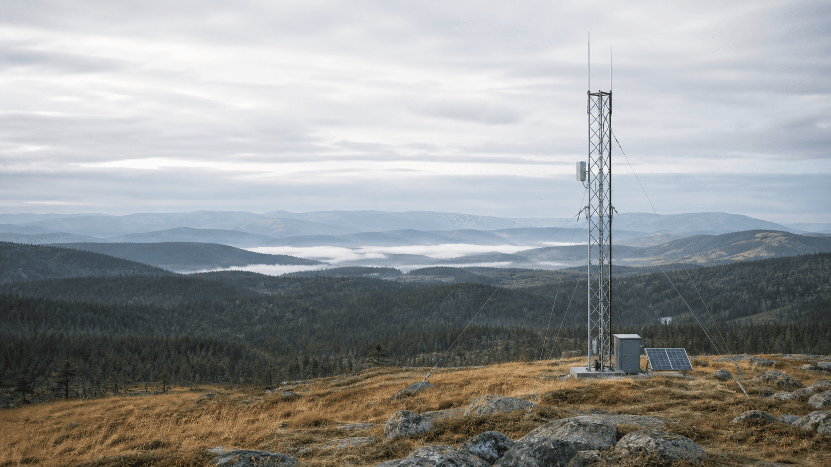 Illustrative unattended antenna mast and solar-powered equipment cabinet on an upland ridge above a forested valley