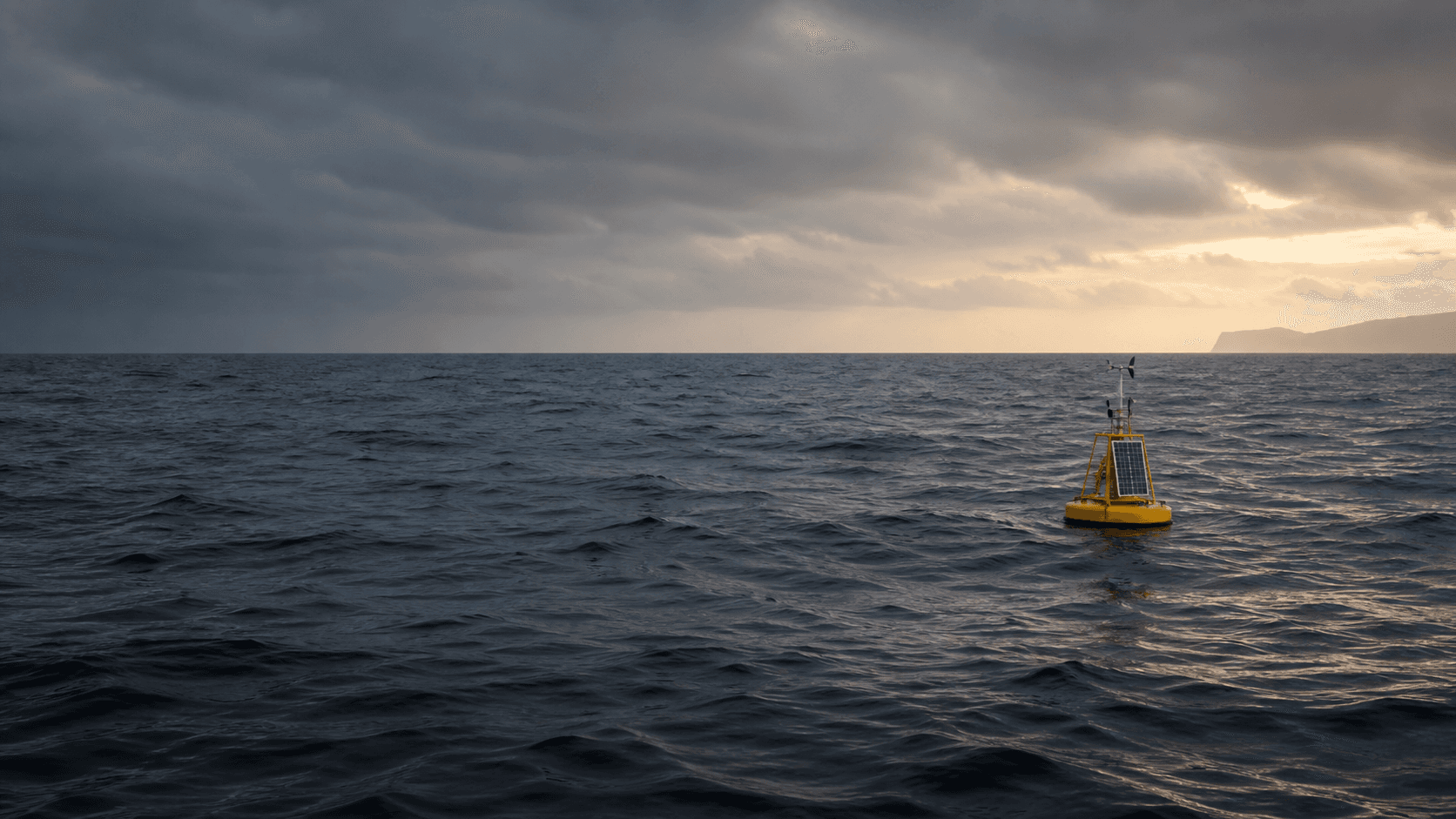 Illustrative ocean observation buoy working unattended in open water, beneath a vast dawn sky