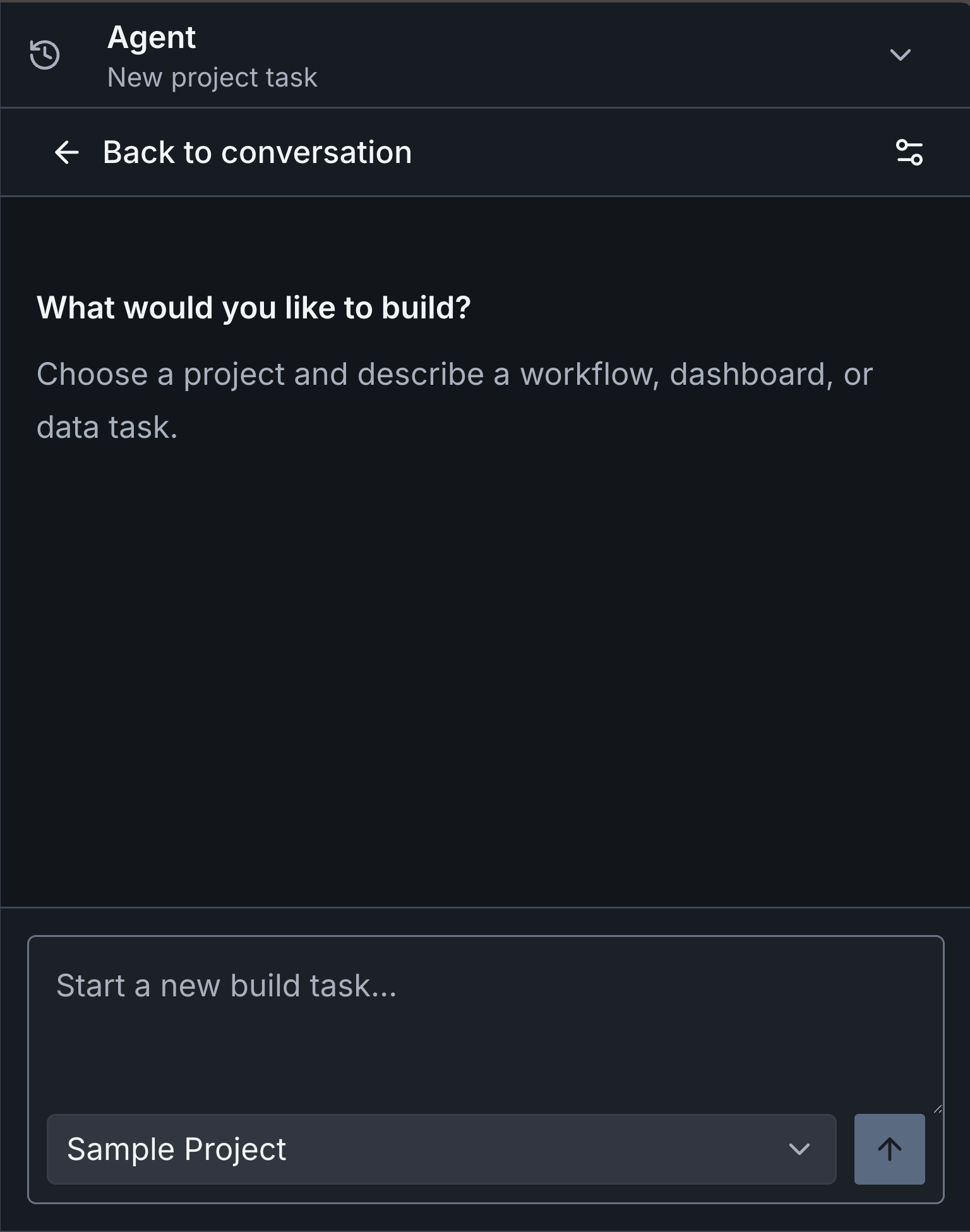 Fabric Agent in New project task mode, asking what you would like to build, with a new build task prompt and Sample Project selected