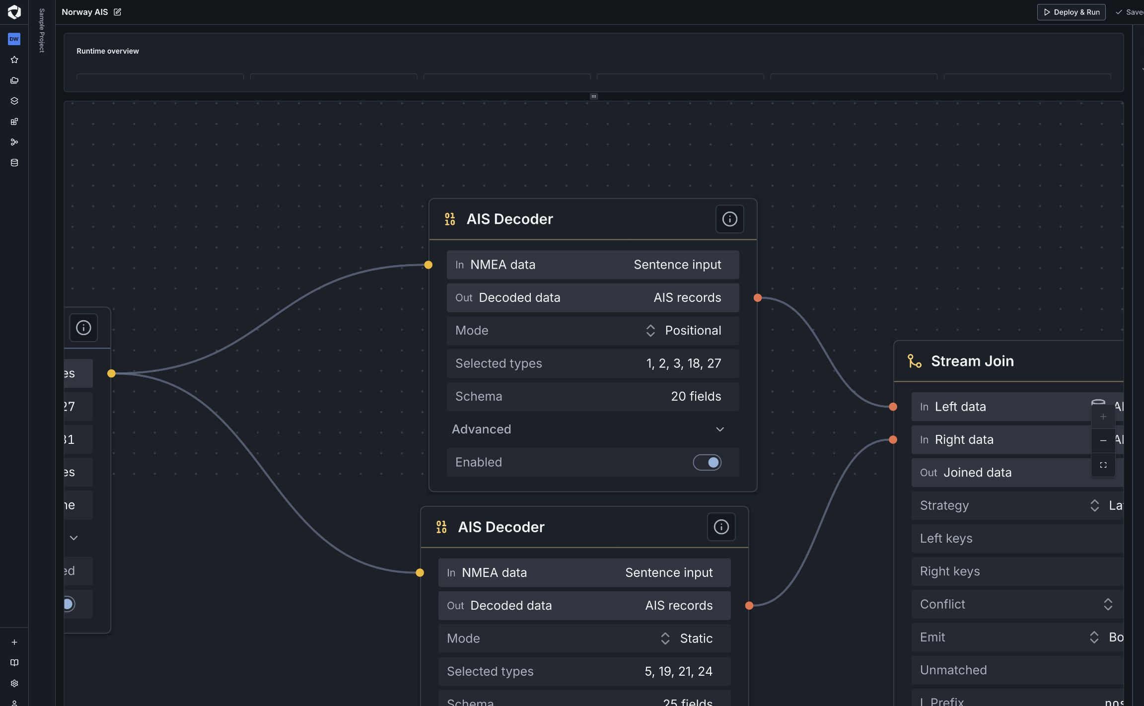 Fabric AIS Decoder in Positional mode, selecting message types 1, 2, 3, 18, and 27 and producing 20 fields