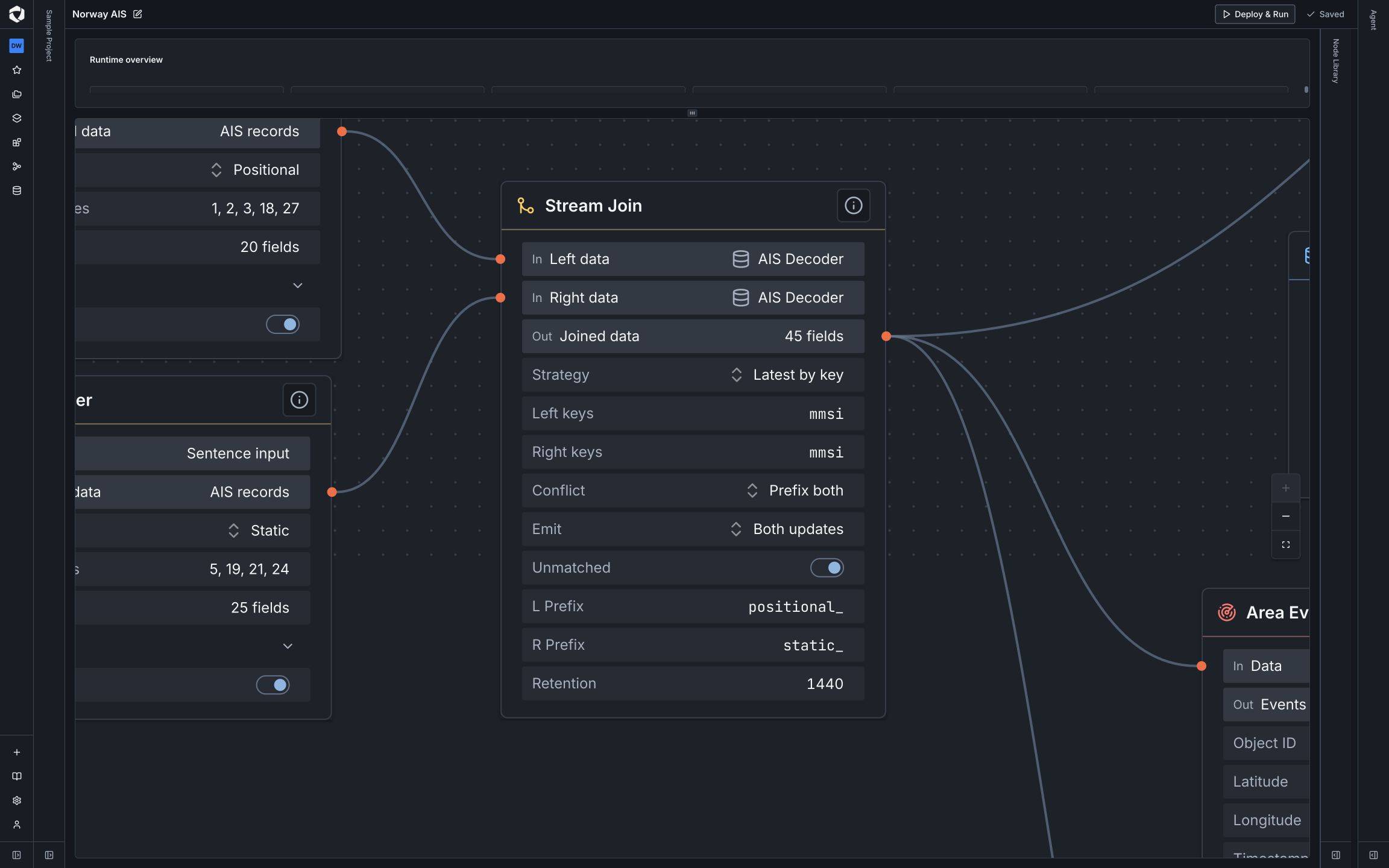 Fabric Stream Join matching both inputs on mmsi using Latest by key, with positional and static prefixes and 45 output fields